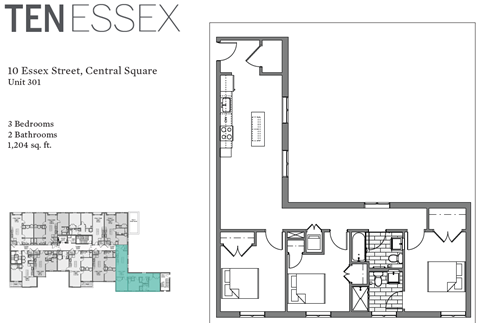 Floor plan for 3 beds, 2 baths, 1028 sqft